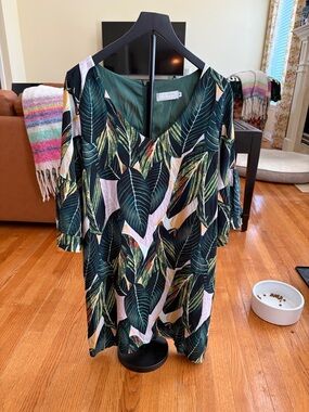 Tropical Leaf Print V-Neck Tunic - Green & Pink